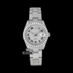 Fully Iced Out White Dial Black Roman Numerals Moissanite Diamond Watch
