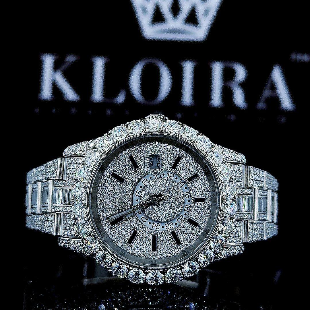 Fully Iced Out White Dial Black Stick Markers Baguette Moissanite Watch Front Close View