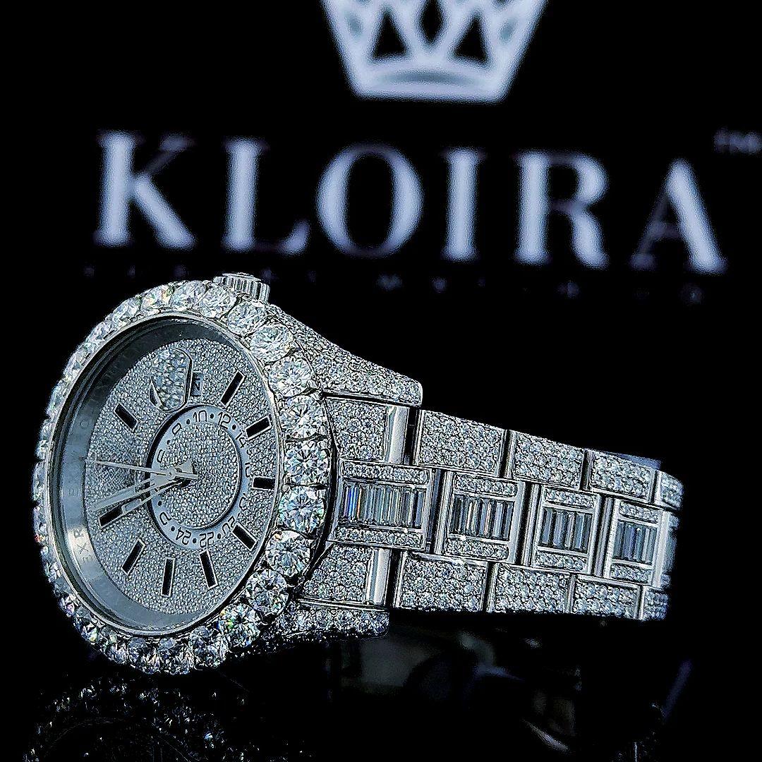 Fully Iced Out White Dial Black Stick Markers Baguette Moissanite Watch Left Strap View