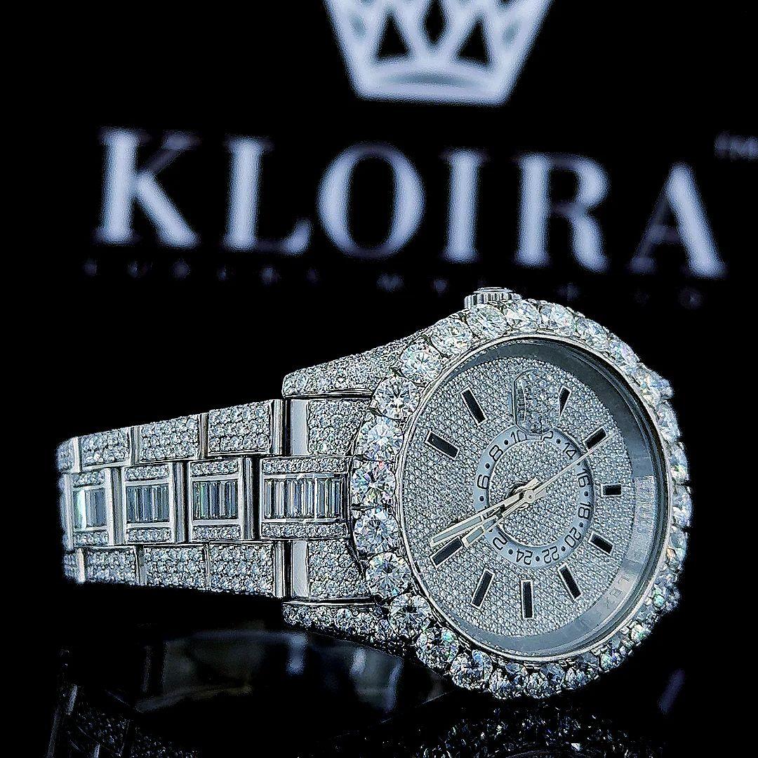 Fully Iced Out White Dial Black Stick Markers Baguette Moissanite Watch Right Strap View