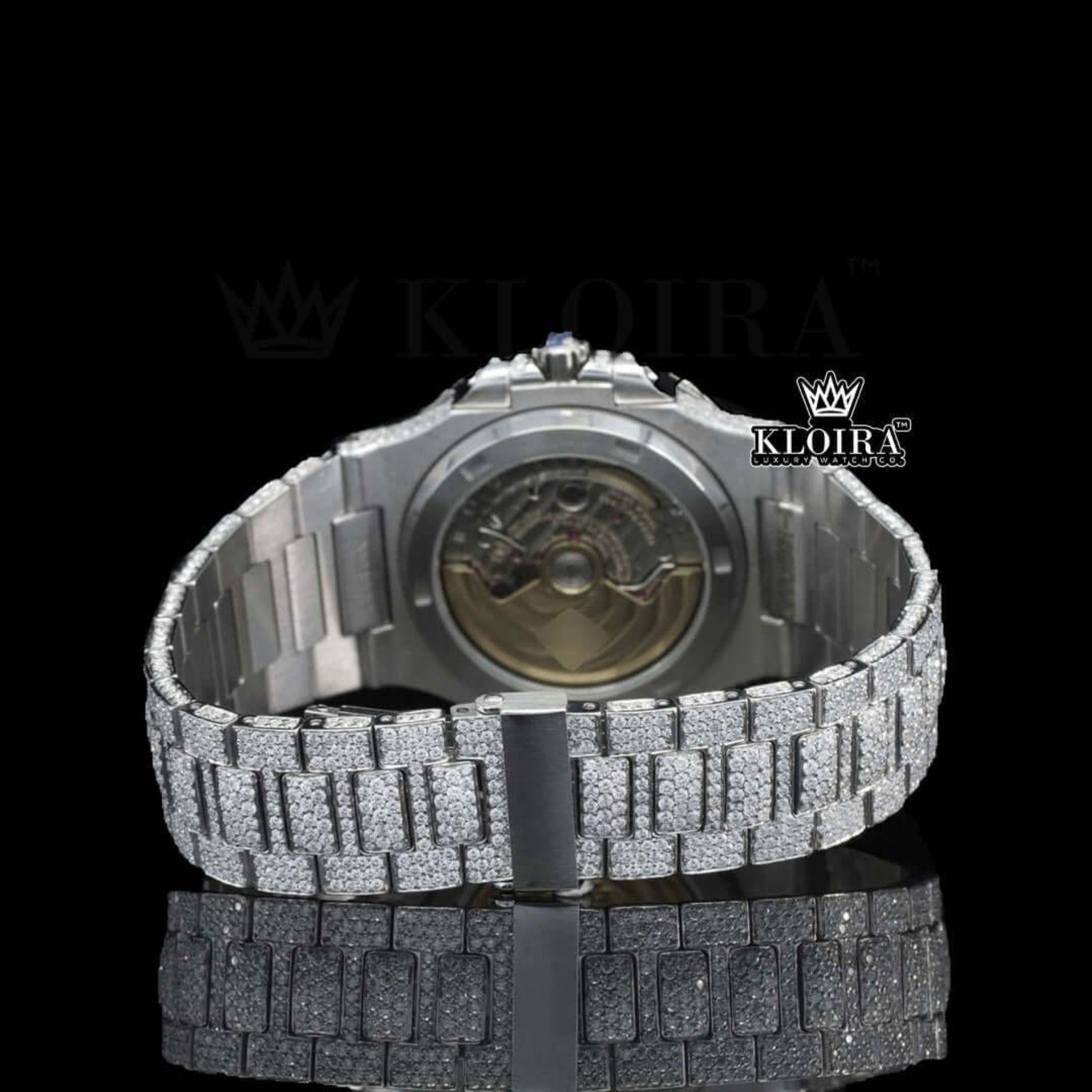 Fully Iced Out White Dial Black Stick Markers Lab-Grown Diamond Watch Caseback View