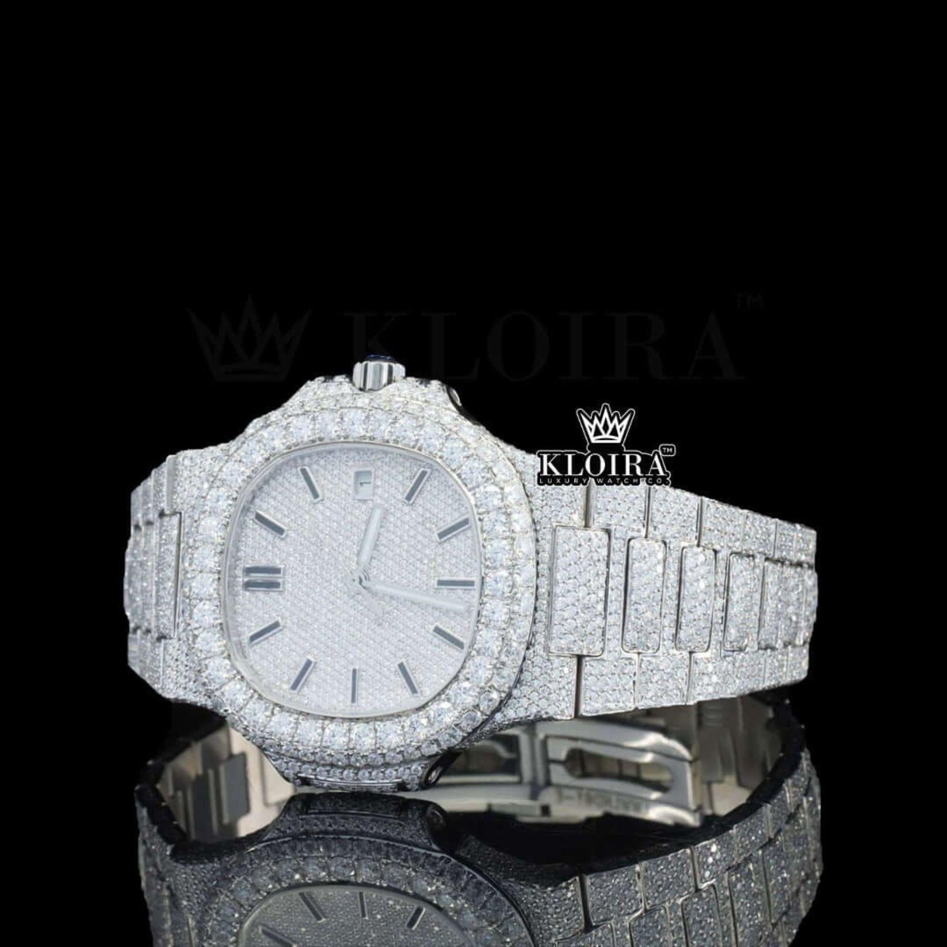 Fully Iced Out White Dial Black Stick Markers Moissanite Diamond Watch Left Profile View