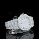 Fully Iced Out White Dial Black Stick Markers Moissanite Diamond Watch Right Profile View