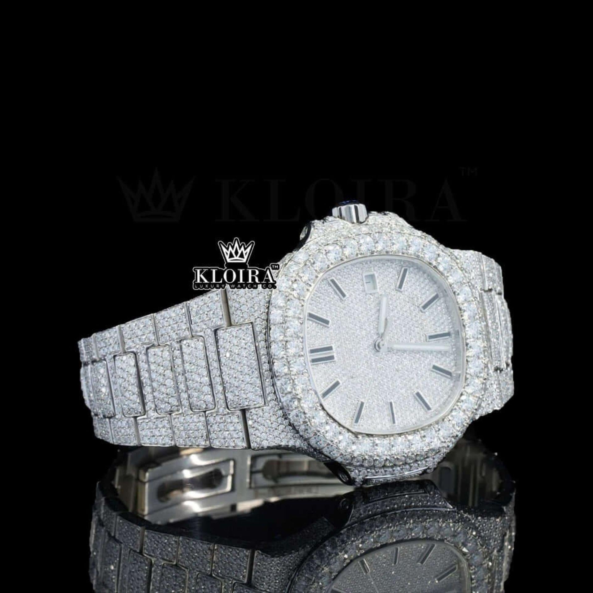 Fully Iced Out White Dial Black Stick Markers Moissanite Diamond Watch Right Profile View
