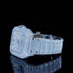 Fully Iced Out White Dial Rainbow Arabic Numerals Moissanite Watch Left Profile View