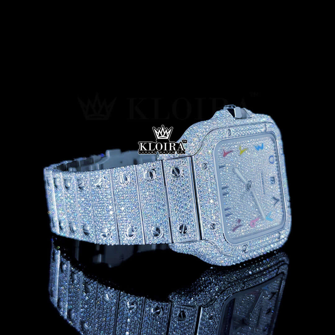 Fully Iced Out White Dial Rainbow Arabic Numerals Moissanite Watch Right Profile View