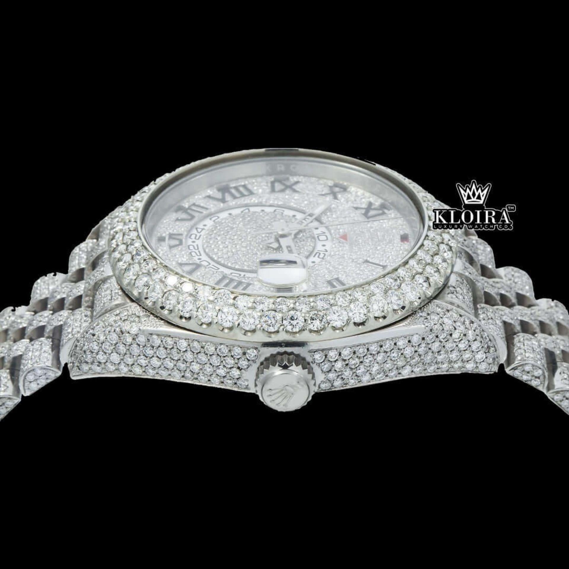 Fully Iced Out White Dial RomanNumerals Moissanite Diamond Watch Crown View