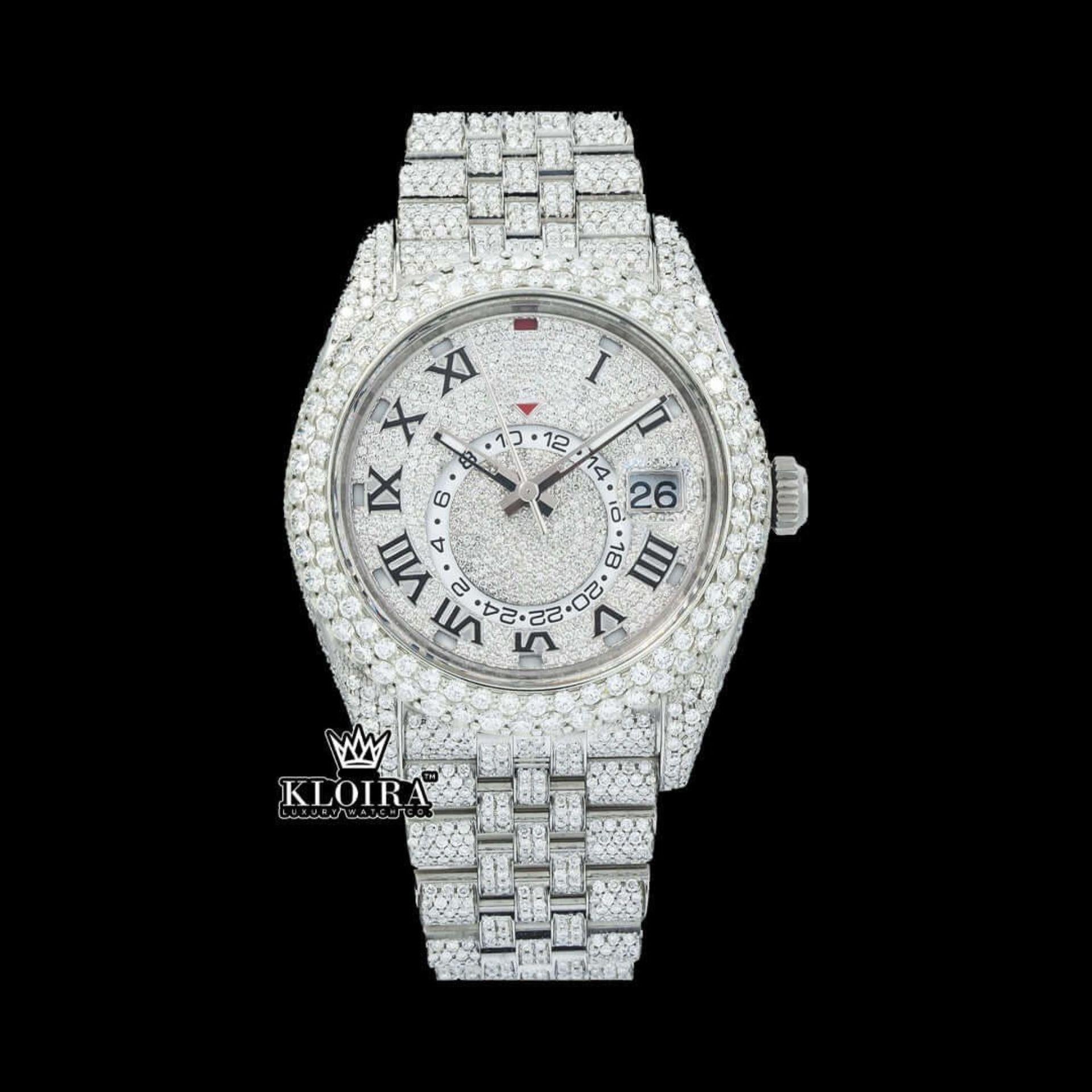 Fully Iced Out White Dial RomanNumerals Moissanite Diamond Watch Front View