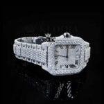 Fully Iced Out White Roman Dial Block Link Strap Moissanite Watch Close Up Front View