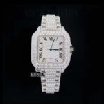 Fully Iced Out White Roman Dial Block Link Strap Moissanite Watch