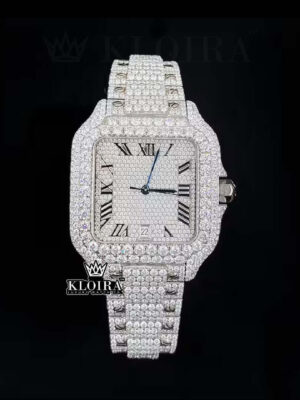 Fully Iced Out White Roman Dial Block Link Strap Moissanite Watch