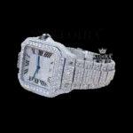Fully Iced Out White Roman Dial Block Link Strap Moissanite Watch Left Profile View