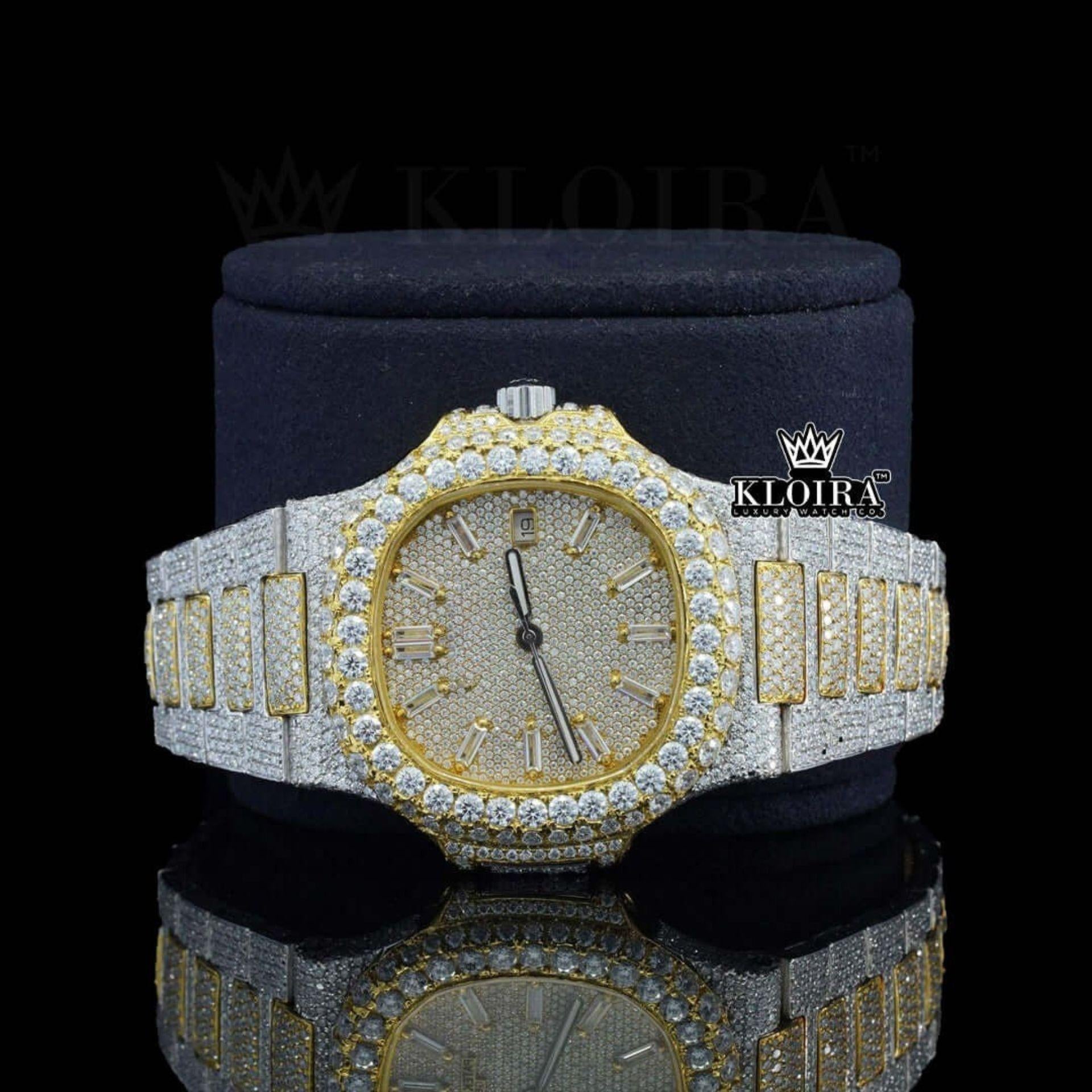 Fully Iced Out Yellow Dial Diamond Markers Natural Diamond Watch Close Up Front View