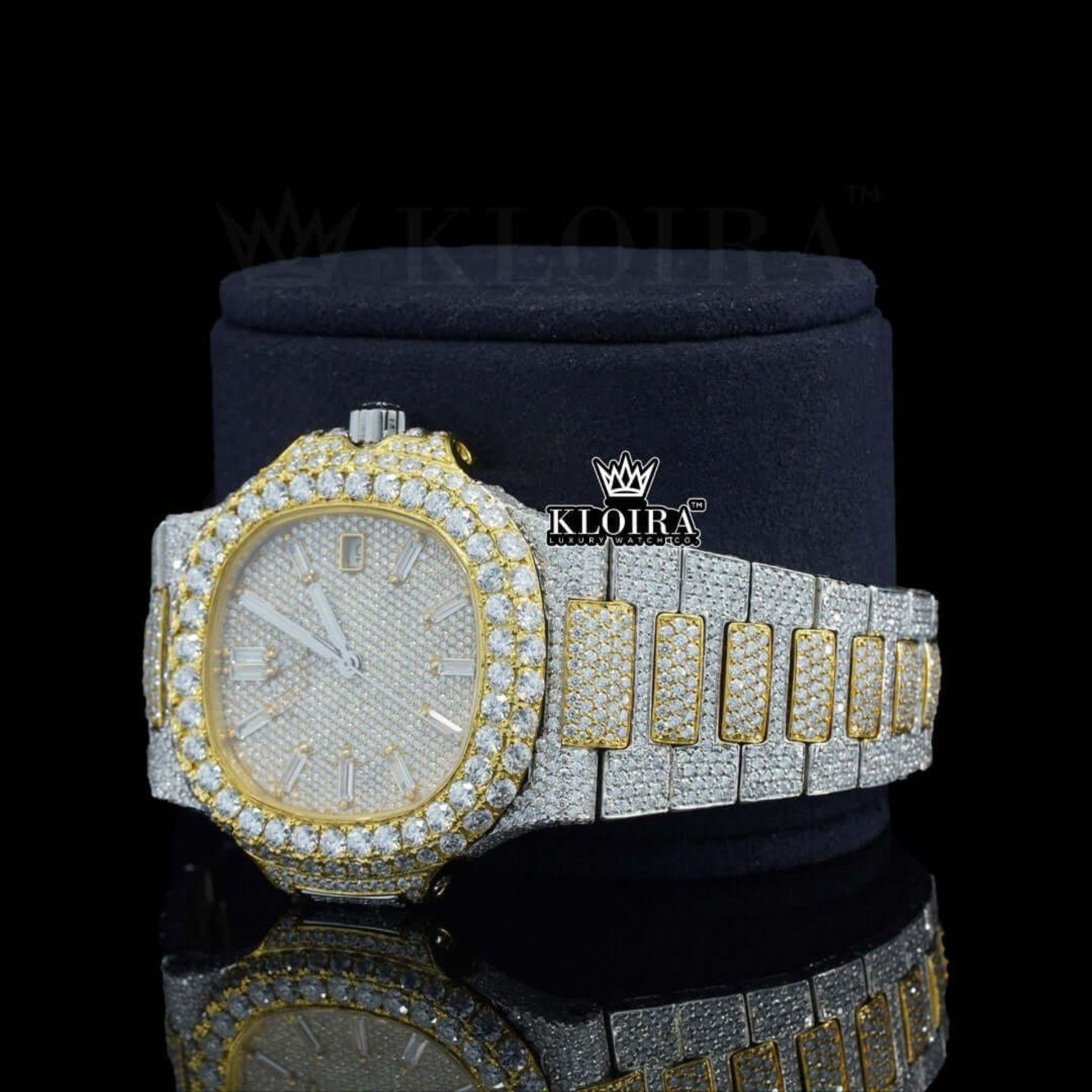 Fully Iced Out Yellow Dial Diamond Markers Natural Diamond Watch Left Profile View