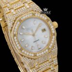 Fully Iced Out Yellow Gold White Dial Diamond Markers Moissanite Watch Close Up Dial View