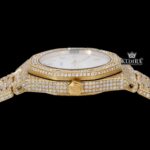 Fully Iced Out Yellow Gold White Dial Diamond Markers Moissanite Watch Crown View