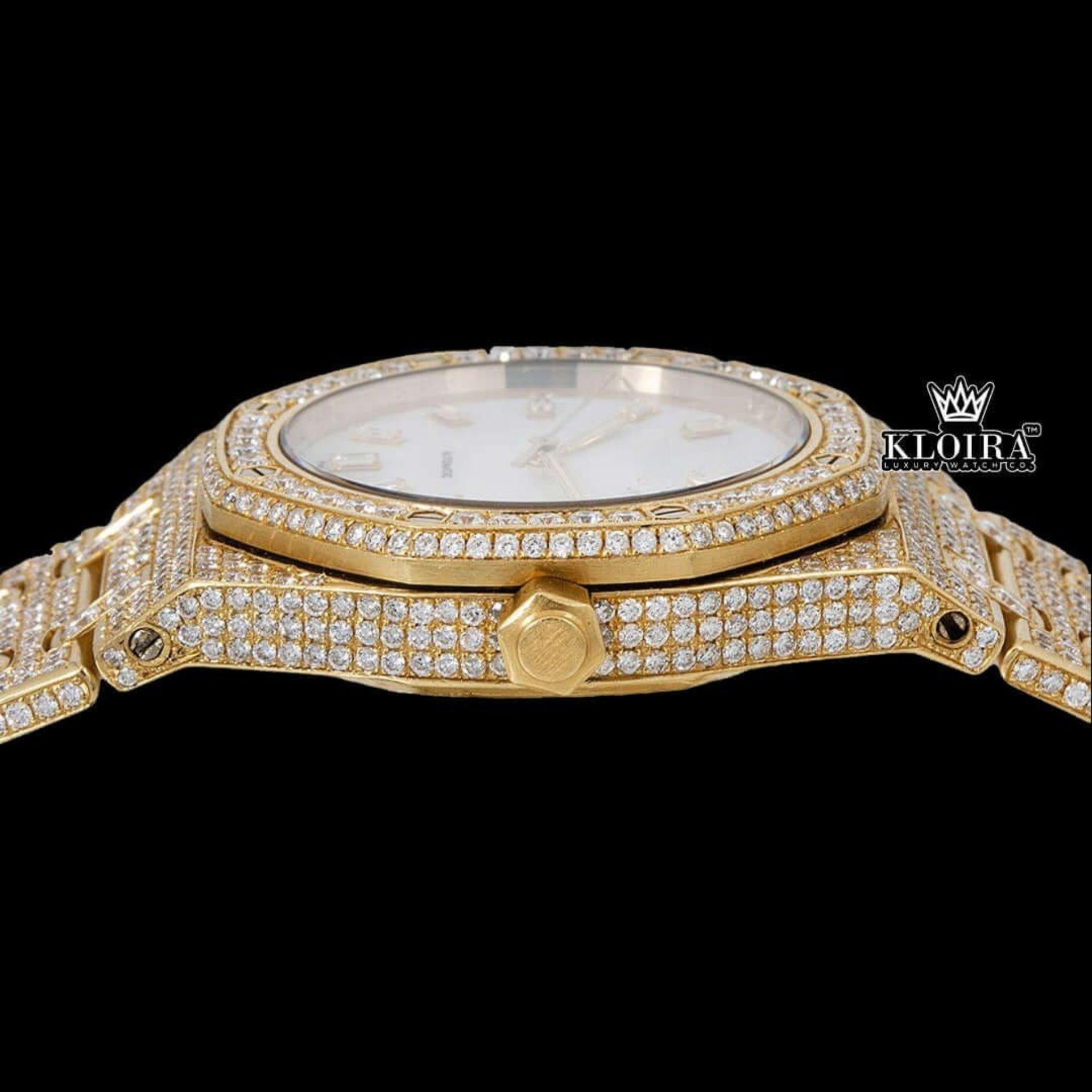 Fully Iced Out Yellow Gold White Dial Diamond Markers Moissanite Watch Crown View
