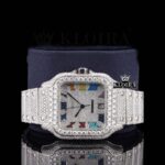 Fully Iced Rainbow Roman Numerals White Dial Moissanite Diamonds Watch Front Close Up View