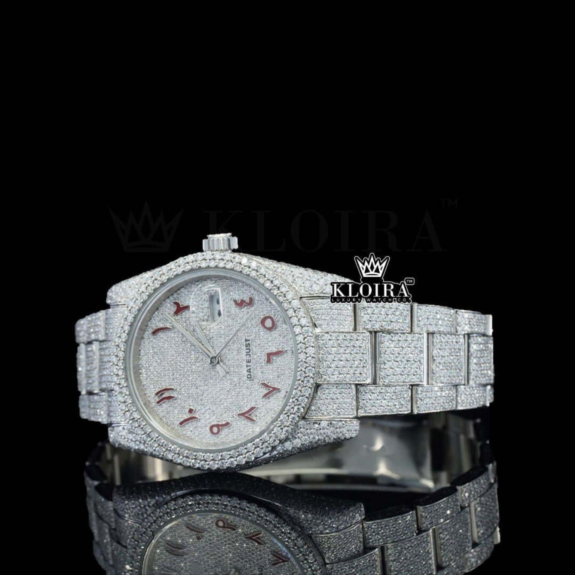 Fully Iced Red Arabic Numerals White Dial Lab-Grown Diamond Watch Left Profile View