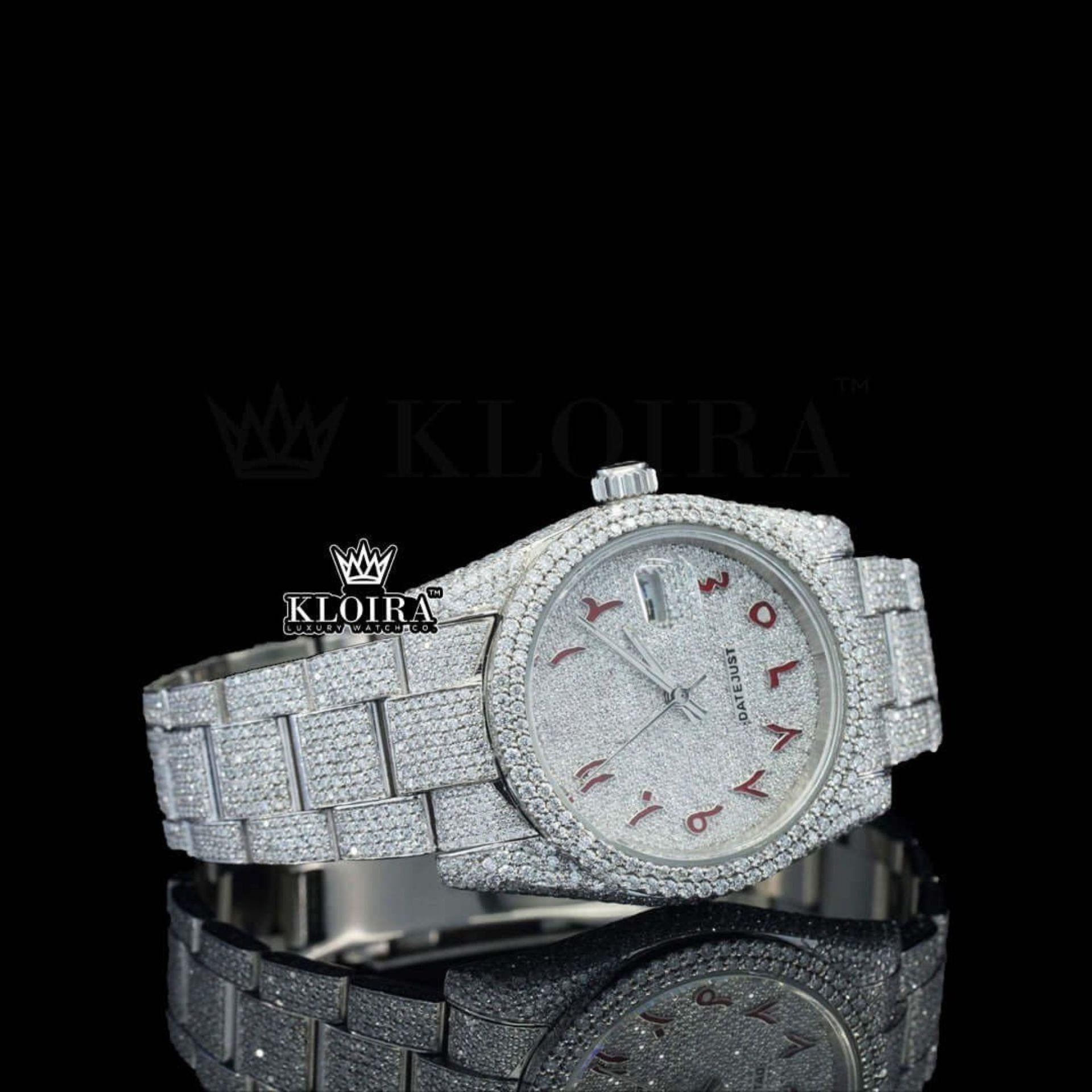 Fully Iced Red Arabic Numerals White Dial Lab-Grown Diamond Watch Right Profile View