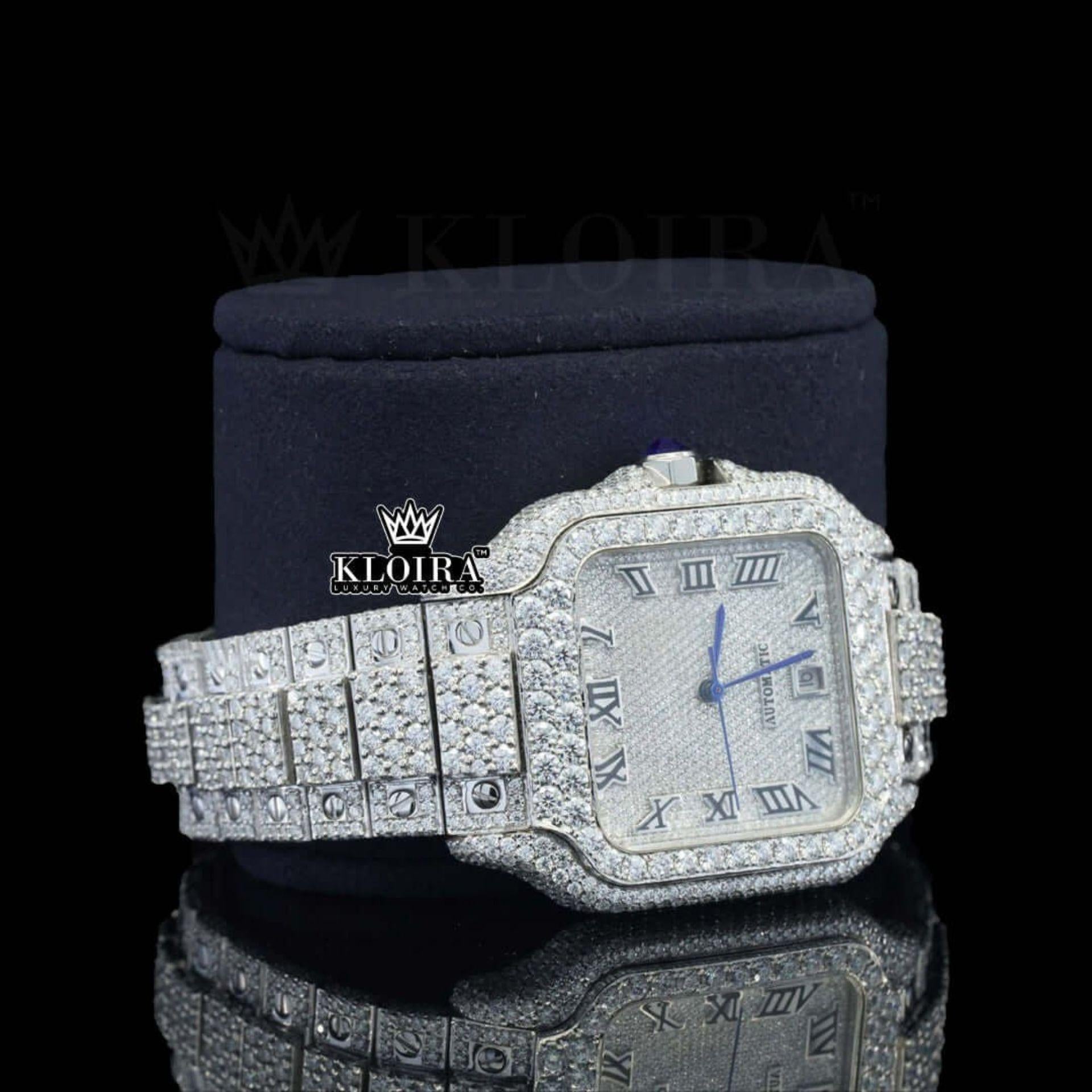 Fully Iced Square White Dial Roman Numerals Moissanite Diamond WatchRight Profile View