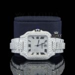 Fully Iced Square White Dial Roman Numerals Moissanite Diamond Watch Close Up Front View