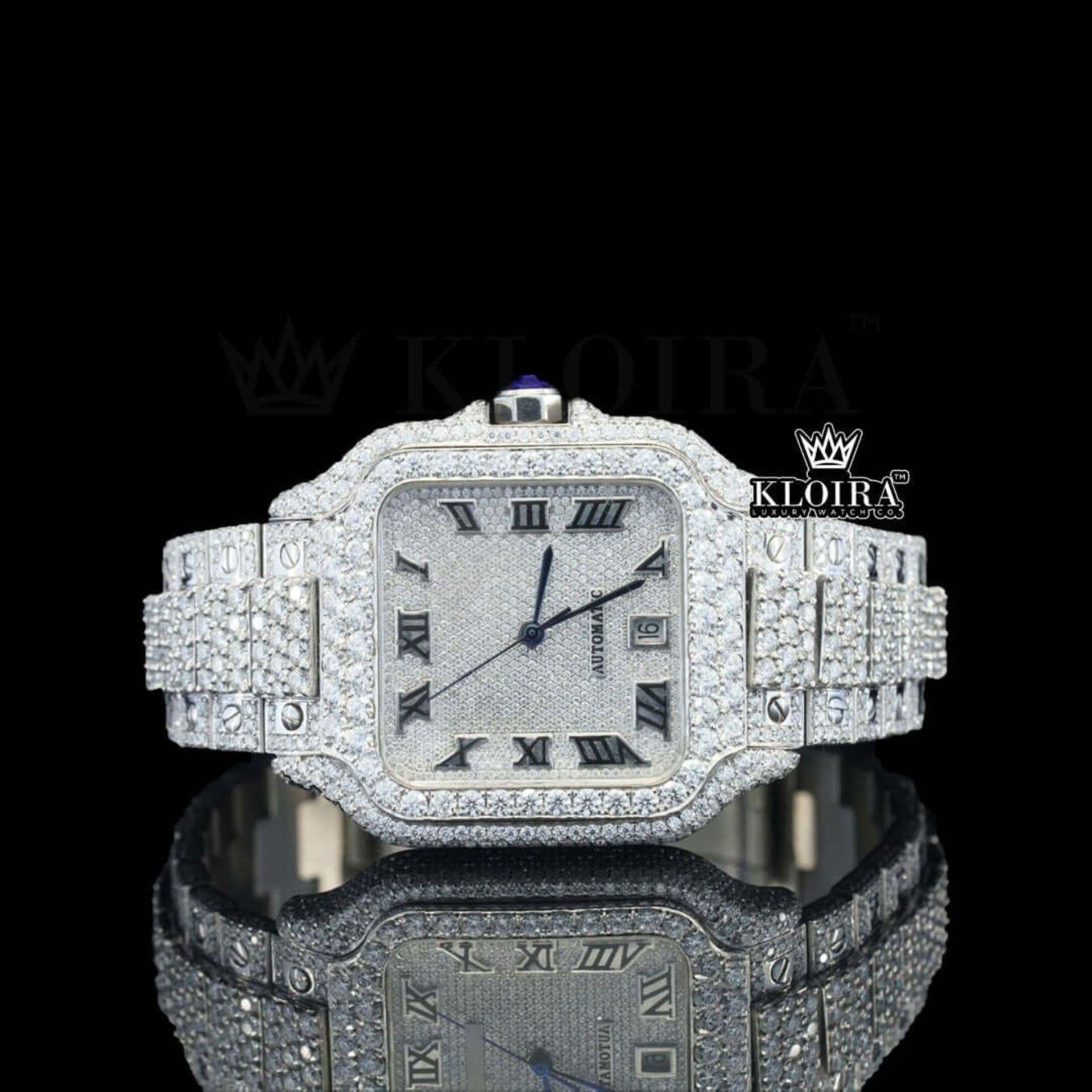 Fully Iced Square White Dial Roman Numerals Moissanite Diamond Watch Front View