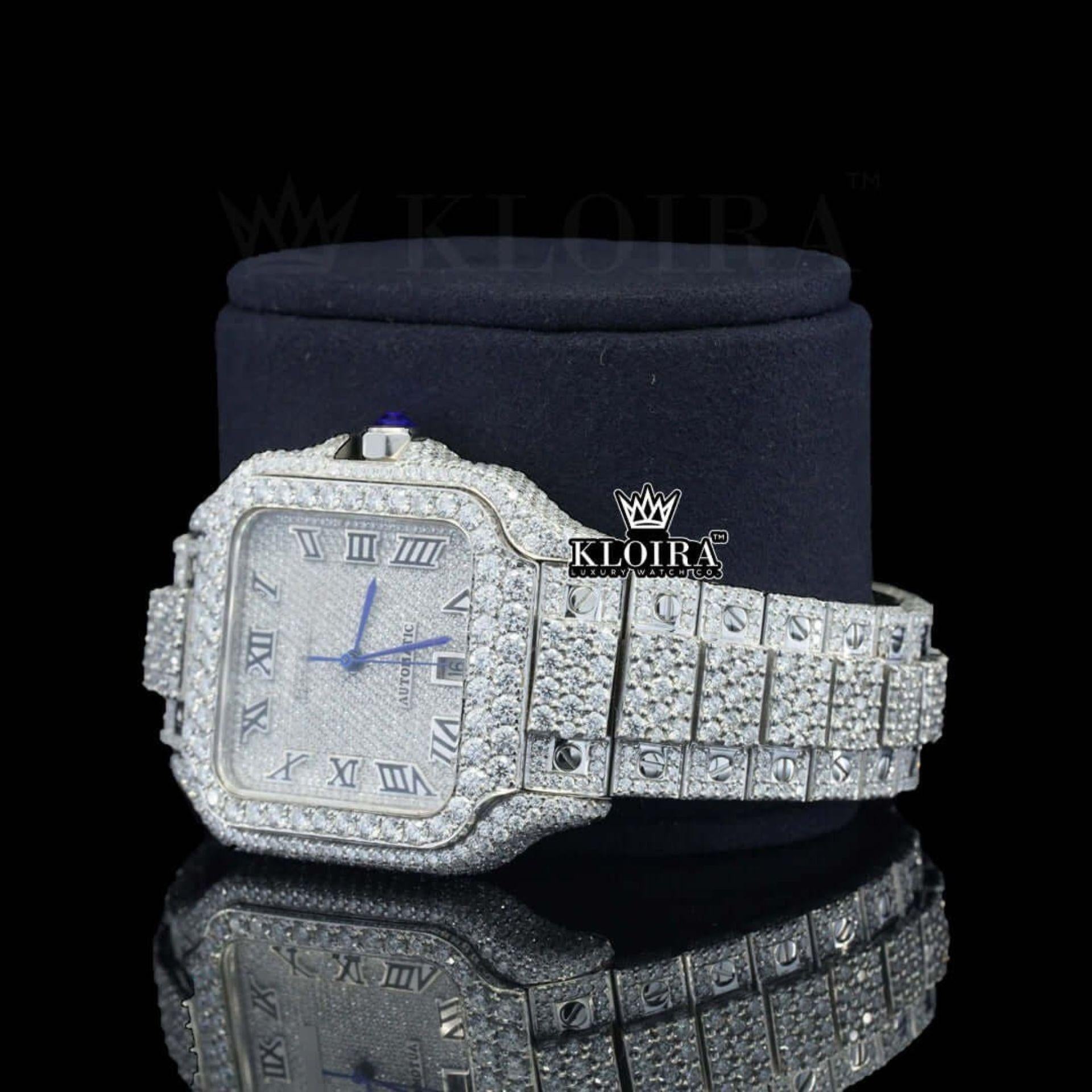 Fully Iced Square White Dial Roman Numerals Moissanite Diamond Watch Left Profile View
