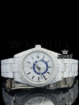 Fully Iced Out Dual Time White Dial Stick Markers Moissanite Watch