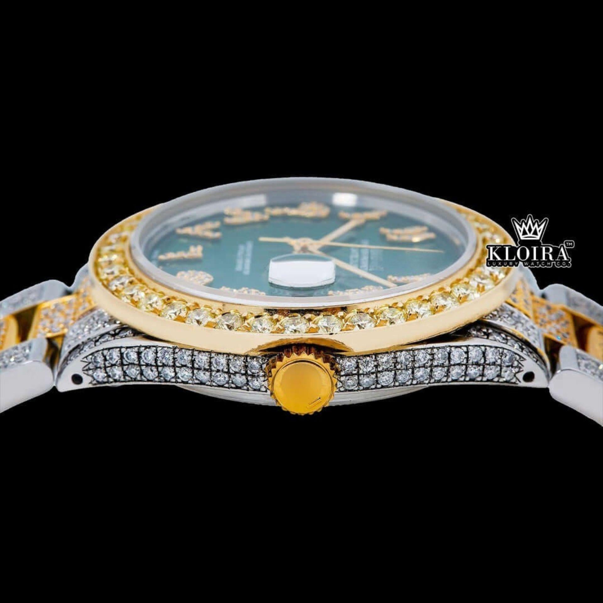 Green Arabic Dial Presidential Watch Moissanite Diamond 14K Gold 42mm Crown View
