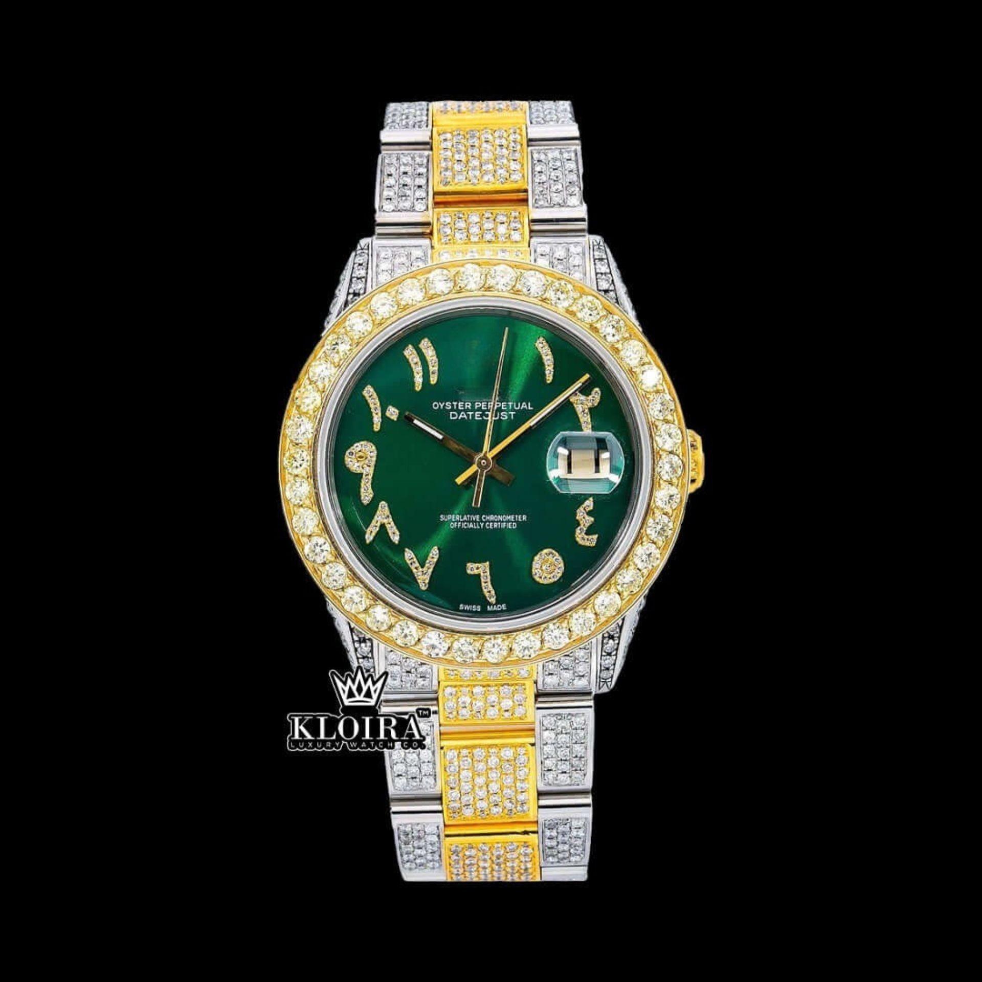 Green Arabic Dial Presidential Watch Moissanite Diamond 14K Gold 42mm Front View