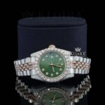 Green Dial Date Display Two Tone Rose Gold Natural Diamond Watch Close Up Front View