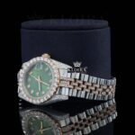 Green Dial Date Display Two Tone Rose Gold Natural Diamond Watch Left Profile View