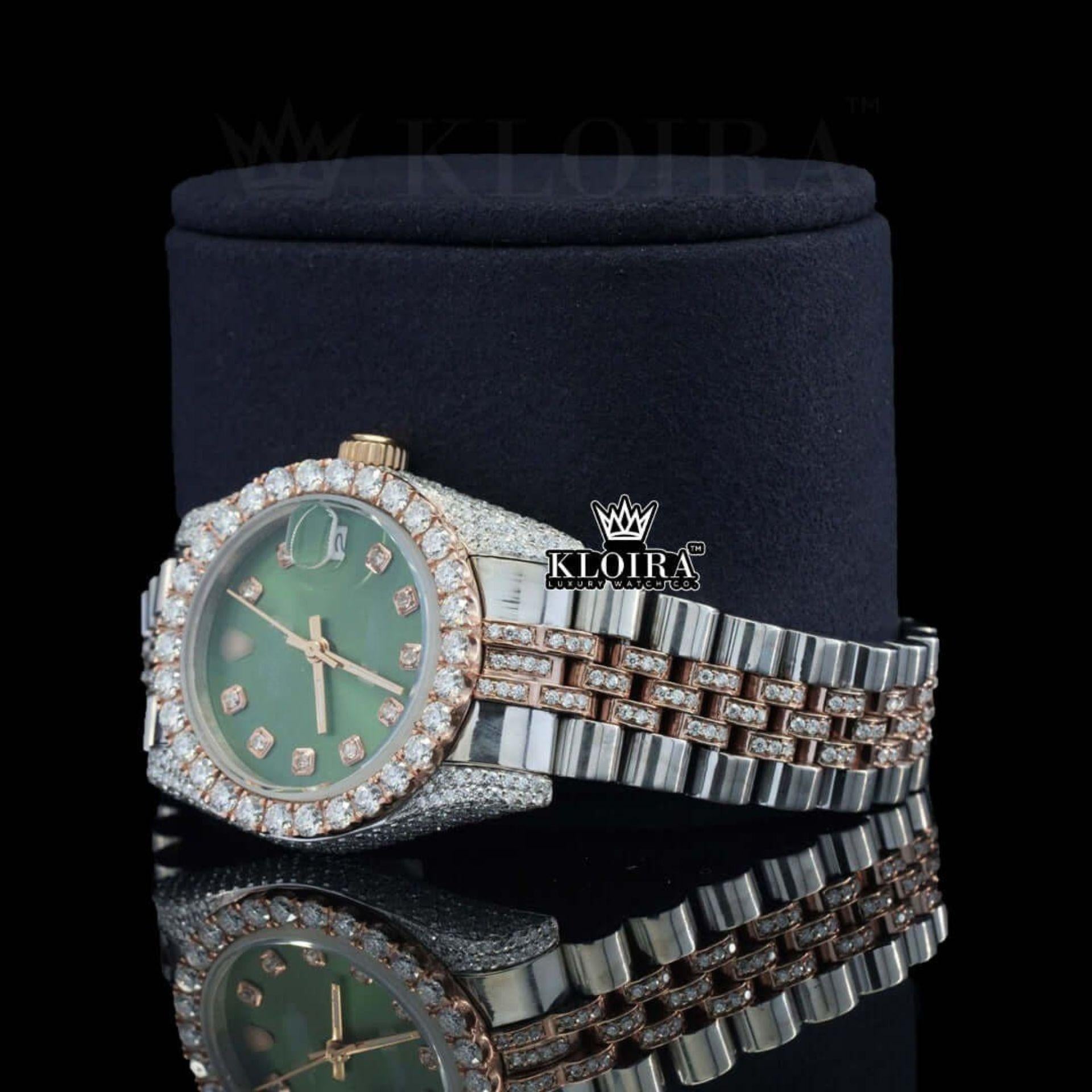 Green Dial Date Display Two Tone Rose Gold Natural Diamond Watch Left Profile View