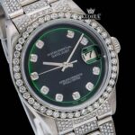 Green Dial Diamond Markers Iced Out Moissanite Diamond Watch Close Up Dial View
