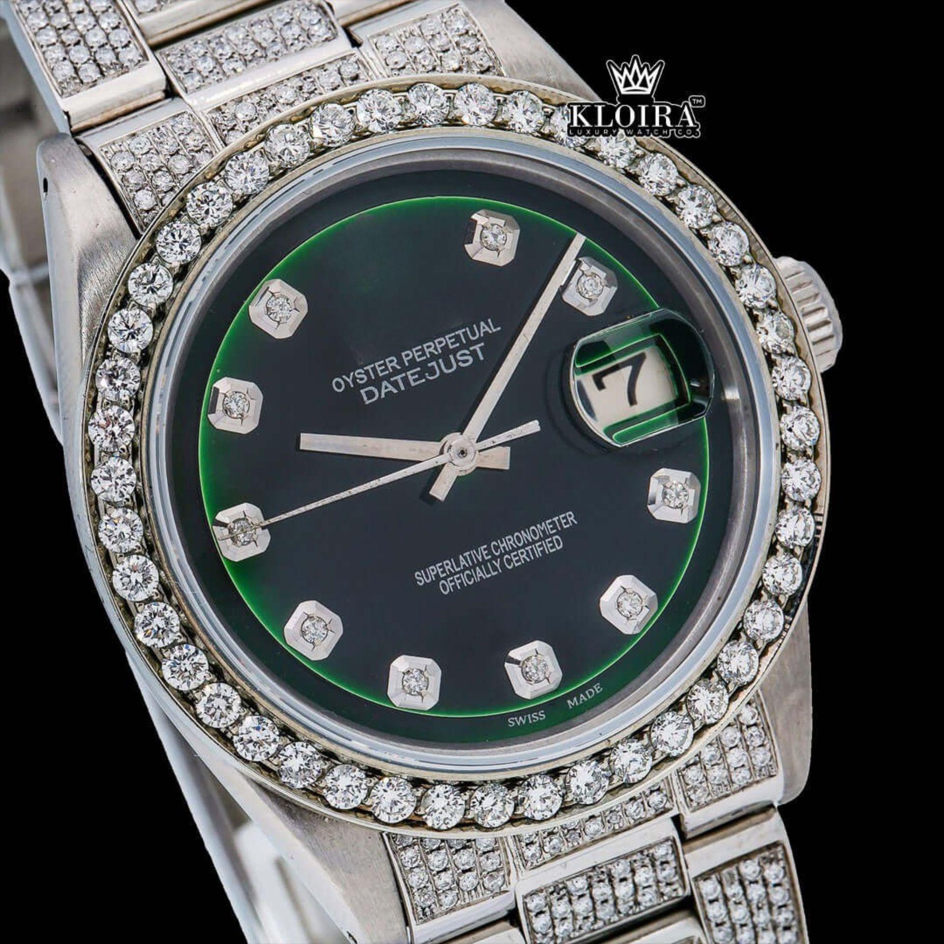 Green Dial Diamond Markers Iced Out Moissanite Diamond Watch Close Up Dial View