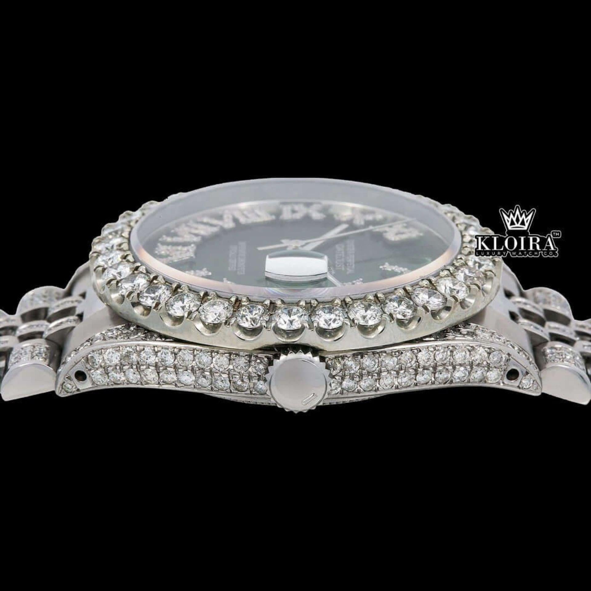 Green Dial Roman Numerals Iced Out Moissanite Diamond Watch Crown View