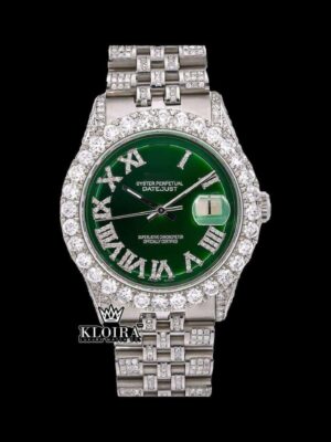 Green Dial Roman Numerals Iced Out Moissanite Diamond Watch