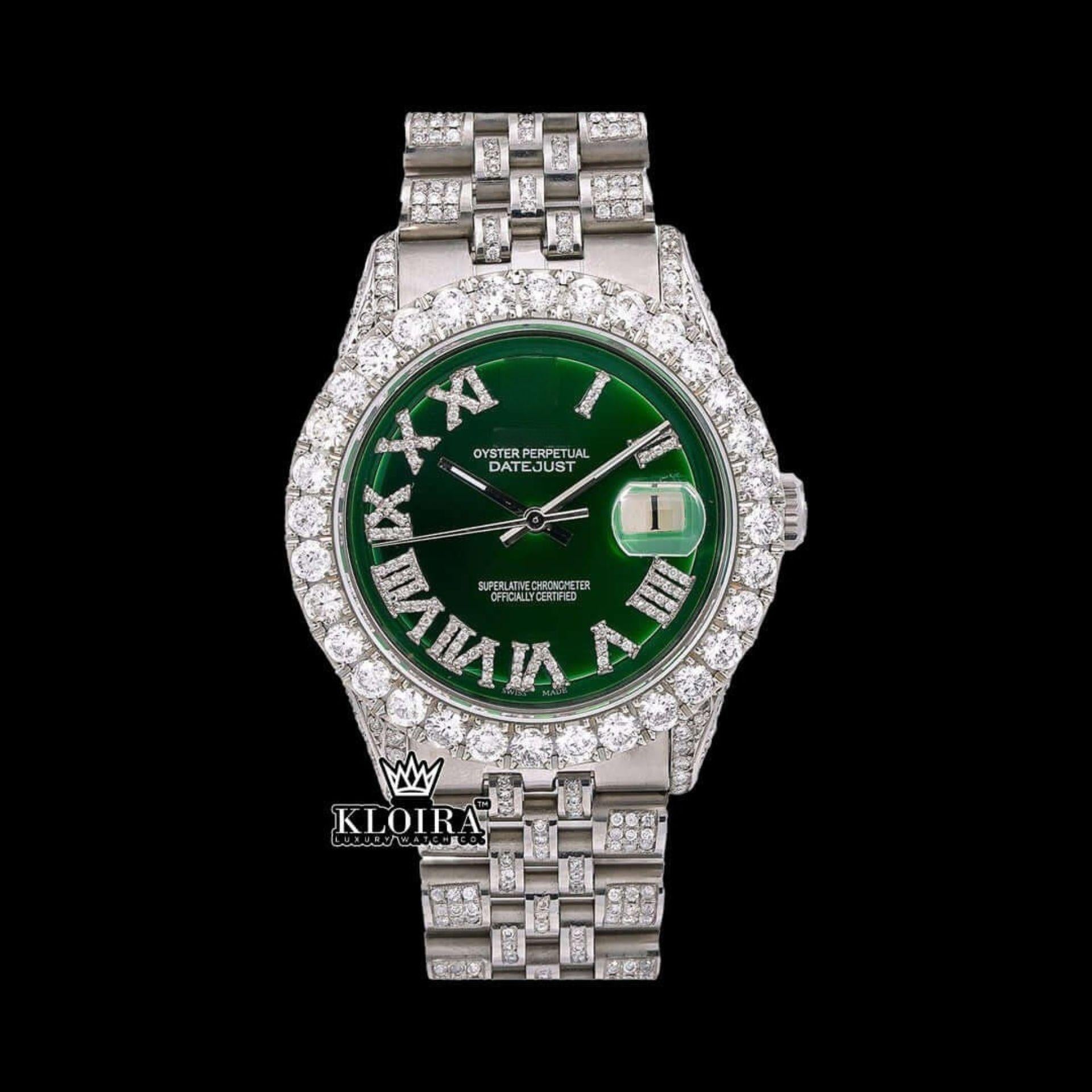 Green Dial Roman Numerals Iced Out Moissanite Diamond Watch Front View