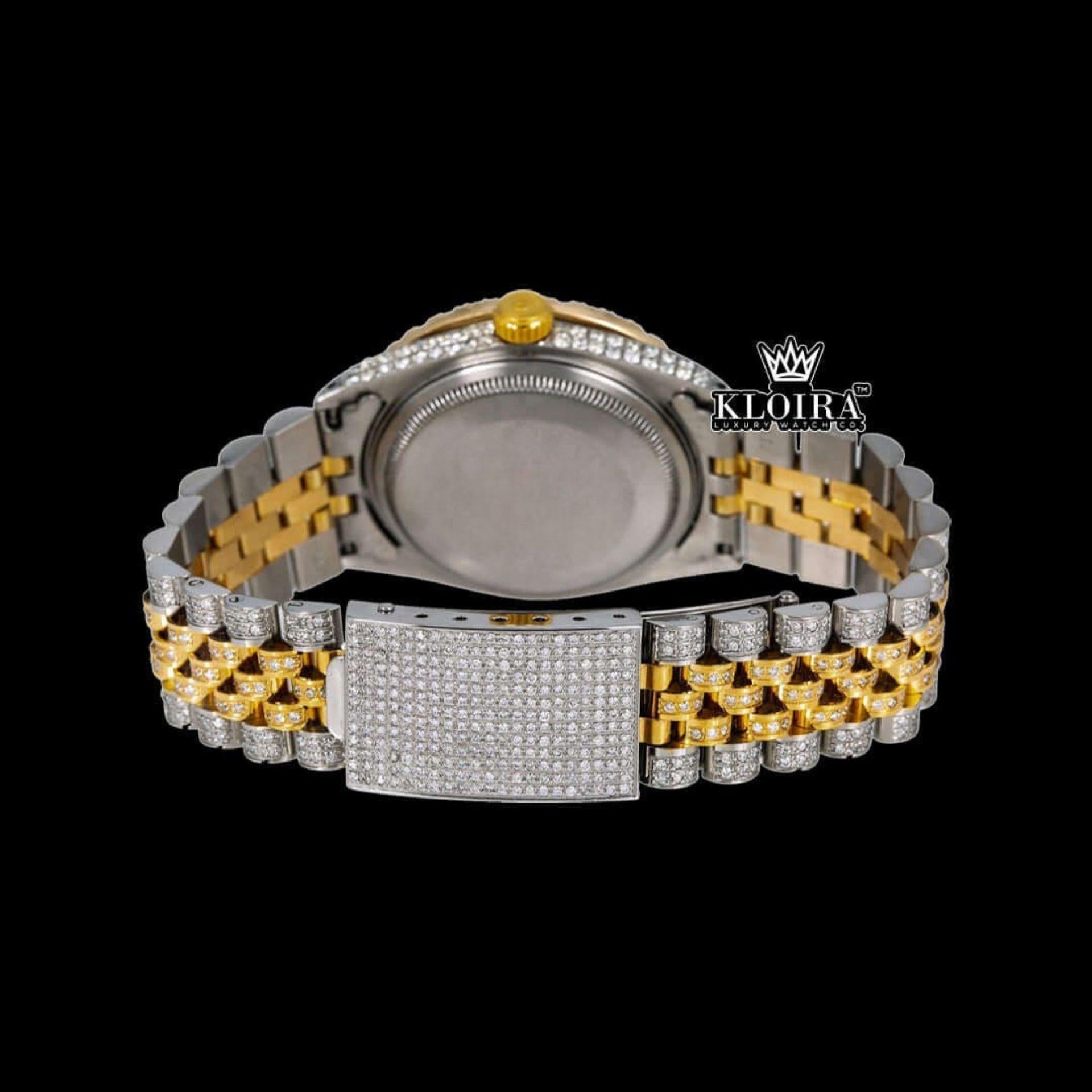 Green Dial Roman Numerals Two Tone Yellow Gold Iced Out Moissanite Watch Caseback View