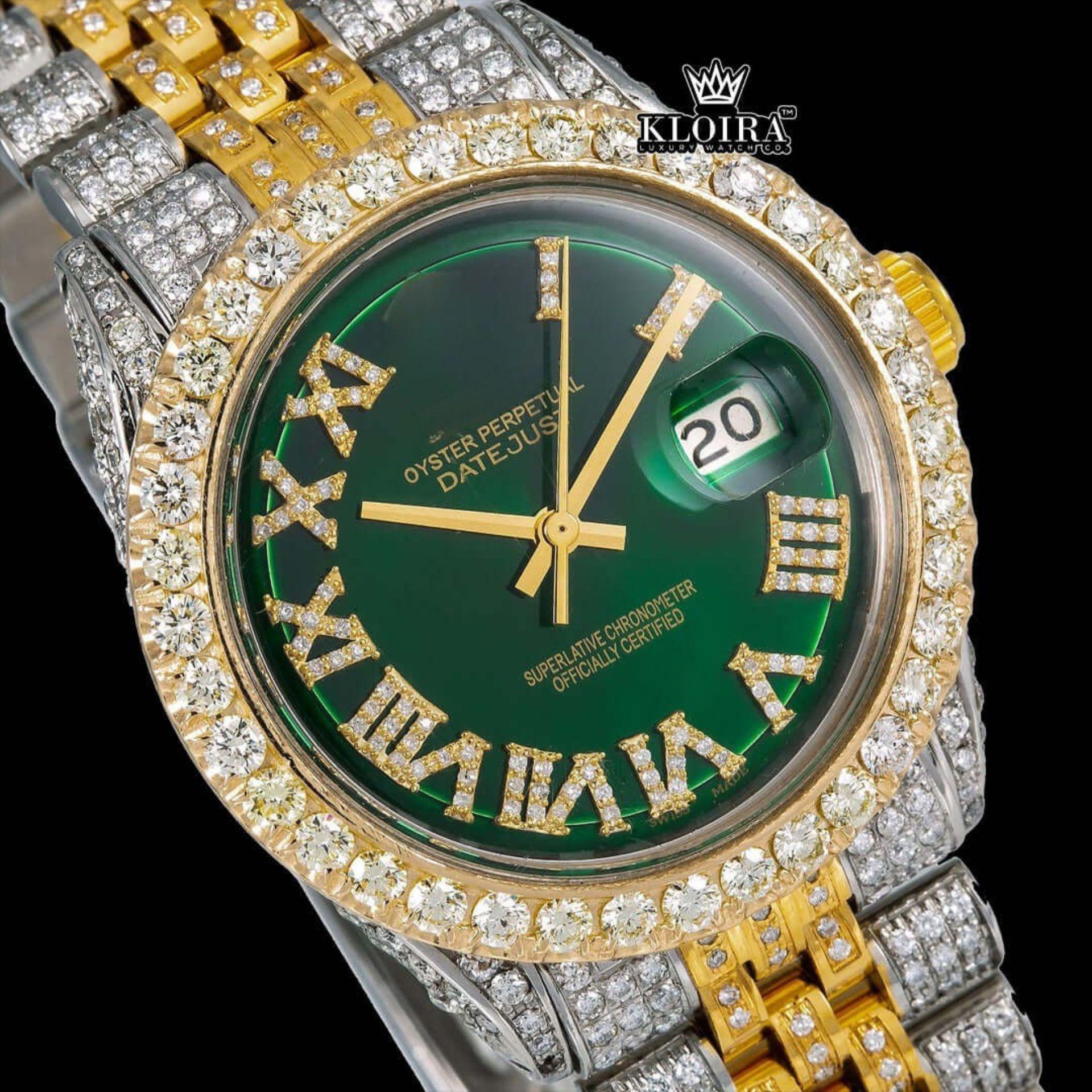 Green Dial Roman Numerals Two Tone Yellow Gold Iced Out Moissanite Watch Close Up Dial View