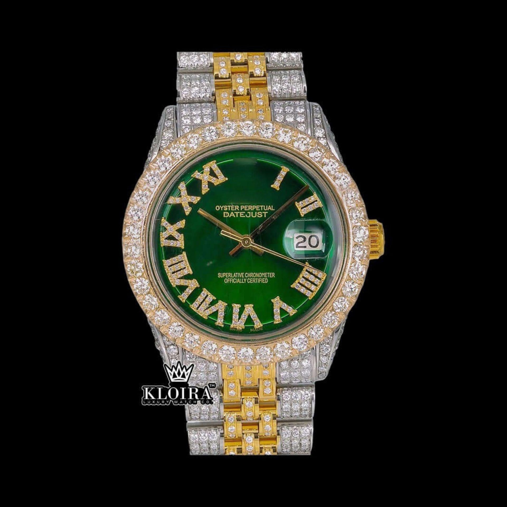 Green Dial Roman Numerals Two Tone Yellow Gold Iced Out Moissanite Watch Front View