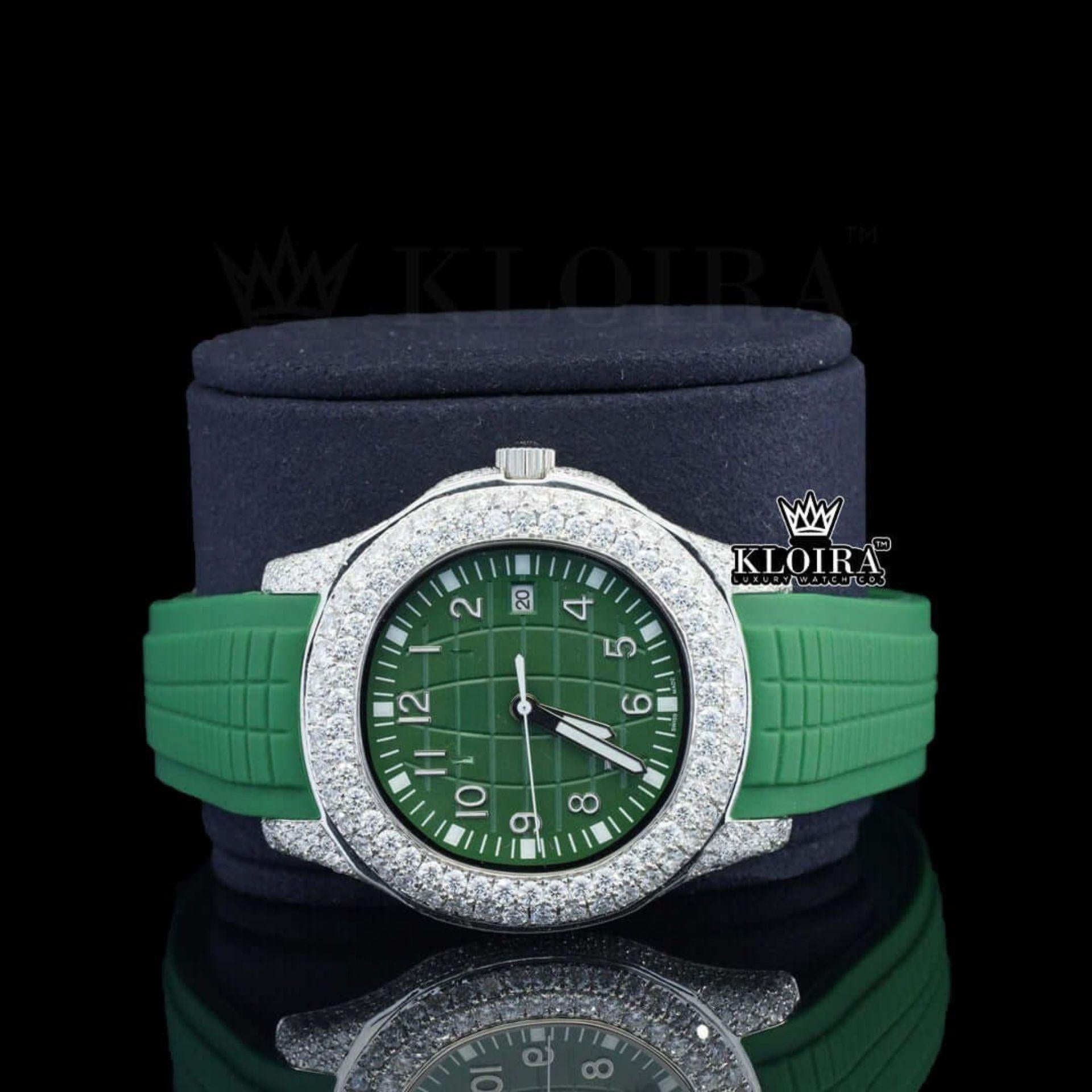 Green Dial Semi Iced Out Silicon Strap Moissanite Diamond Watch Close Up Front View