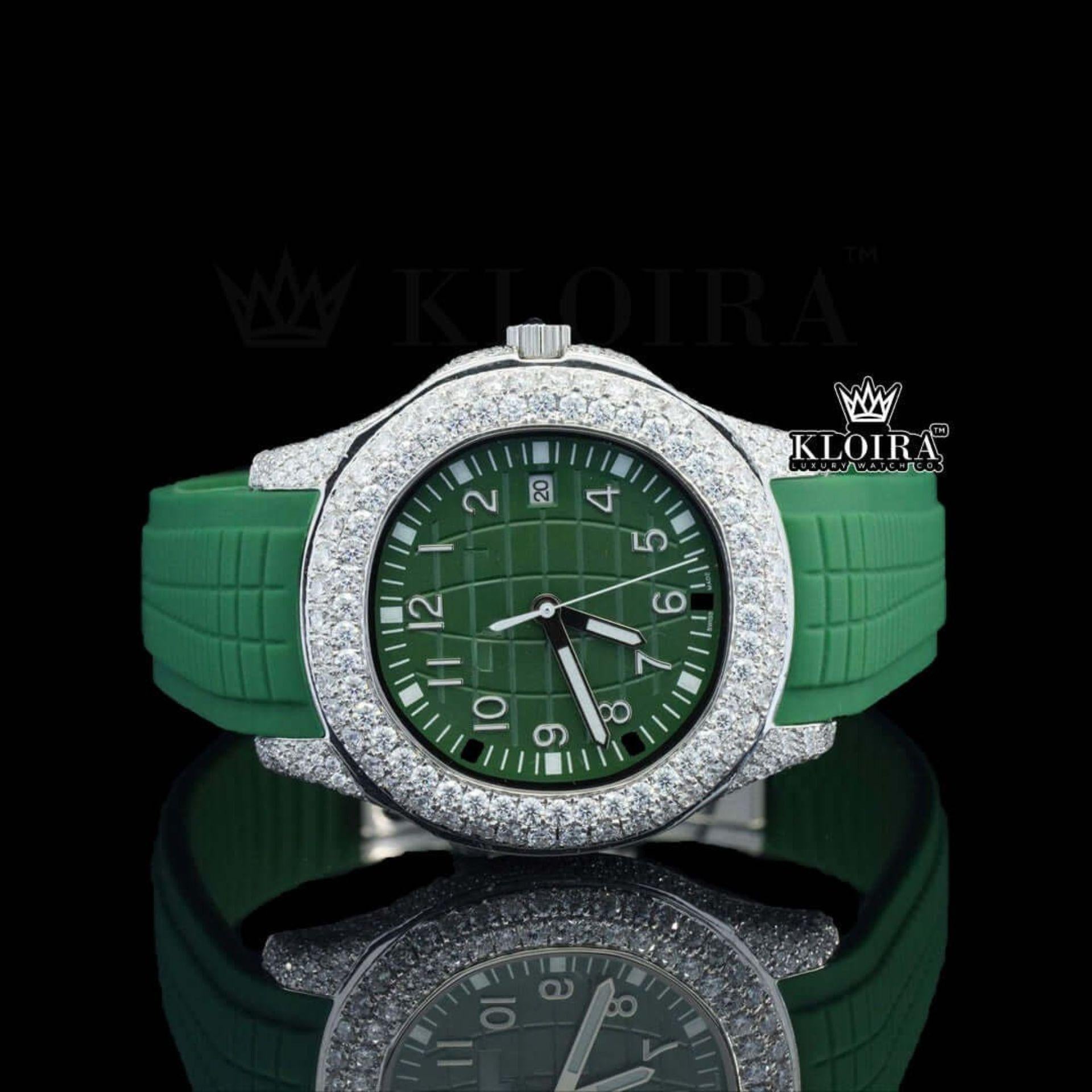 Green Dial Semi Iced Out Silicon Strap Moissanite Diamond Watch Front View