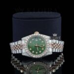 Green Dial Two Tone Rose Silver Moissanite Diamond Watch Close Up Front View
