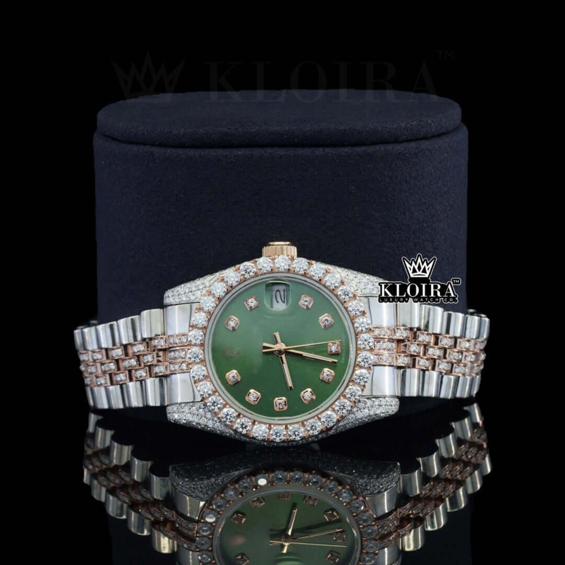 Green Dial Two Tone Rose Silver Moissanite Diamond Watch Close Up Front View