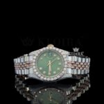 Green Dial Two Tone Rose Silver Moissanite Diamond Watch