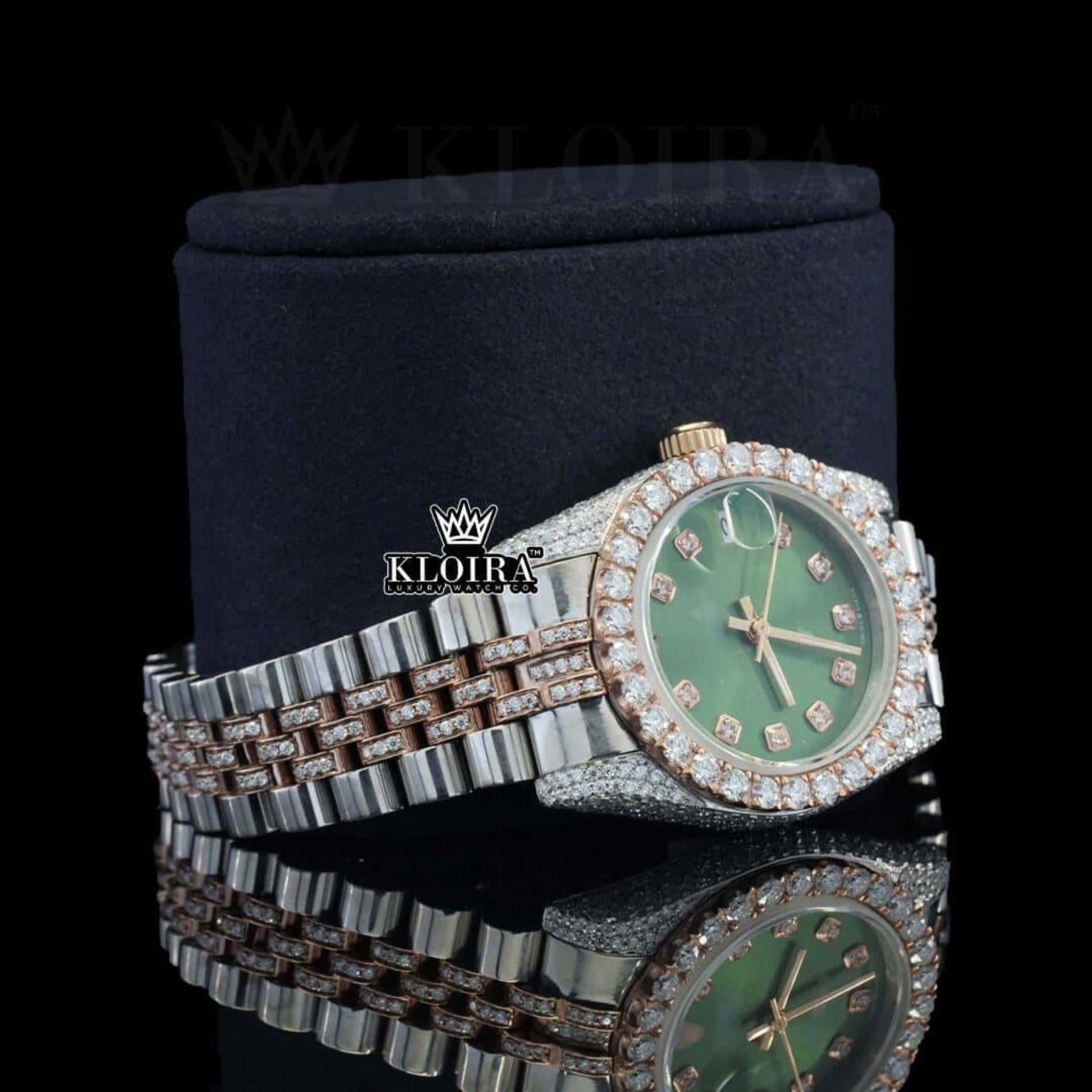 Green Dial Two Tone Rose Silver Moissanite Diamond Watch Right Profile View
