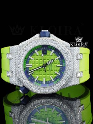 Green Dial White Stick Markers Semi Iced Out Moissanite Diamond Watch