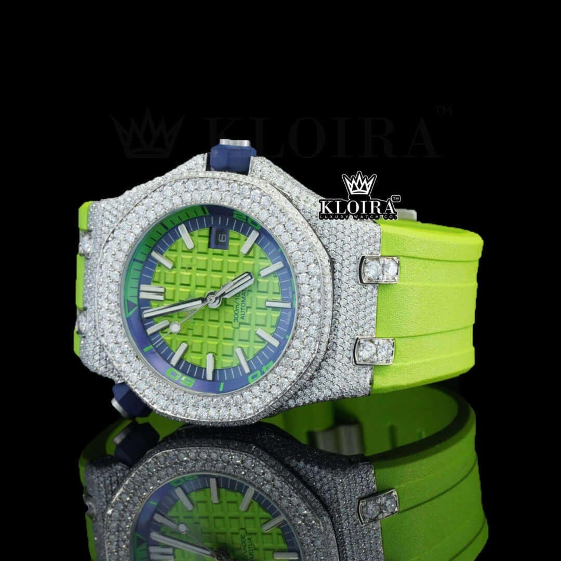 Green Dial White Stick Markers Semi Iced Out Moissanite Diamond Watch Left Profile View